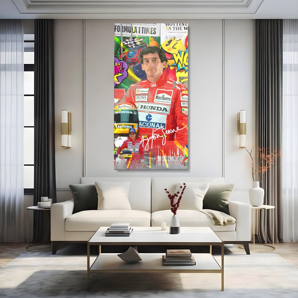 Tablou canvas cu tablou canvas cu pilotul ayrton senna, fara rama, pe sasiu de lemn, pe perete intr-un living